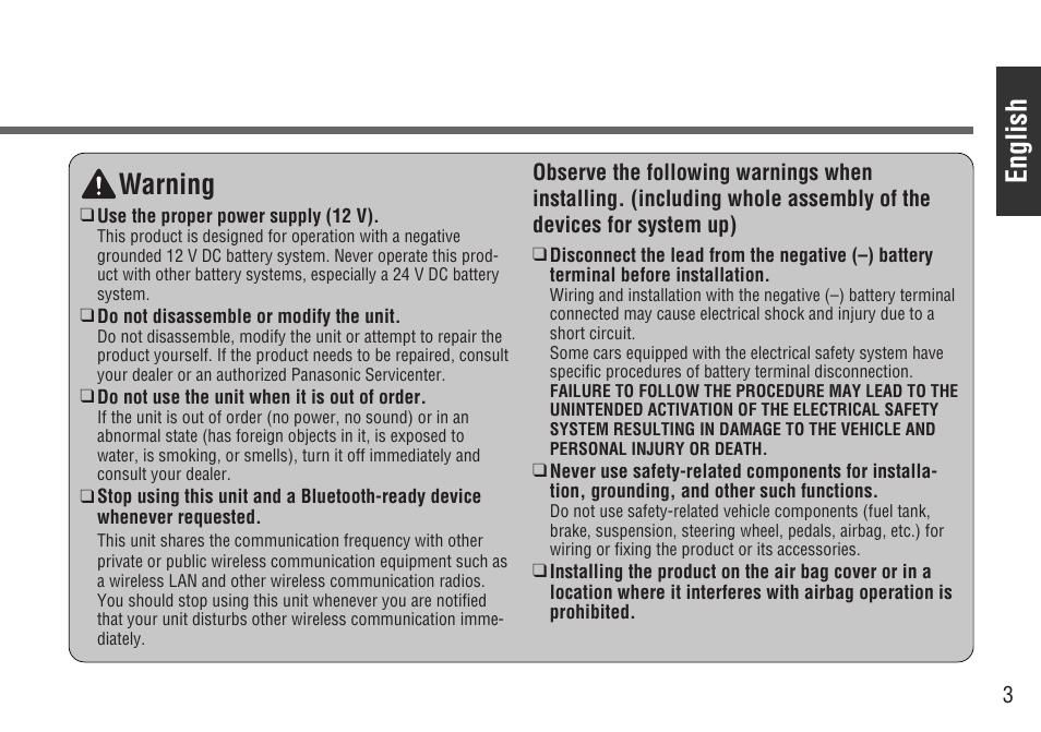 English, Warning | Panasonic CY-BT200U User Manual | Page 3 / 36