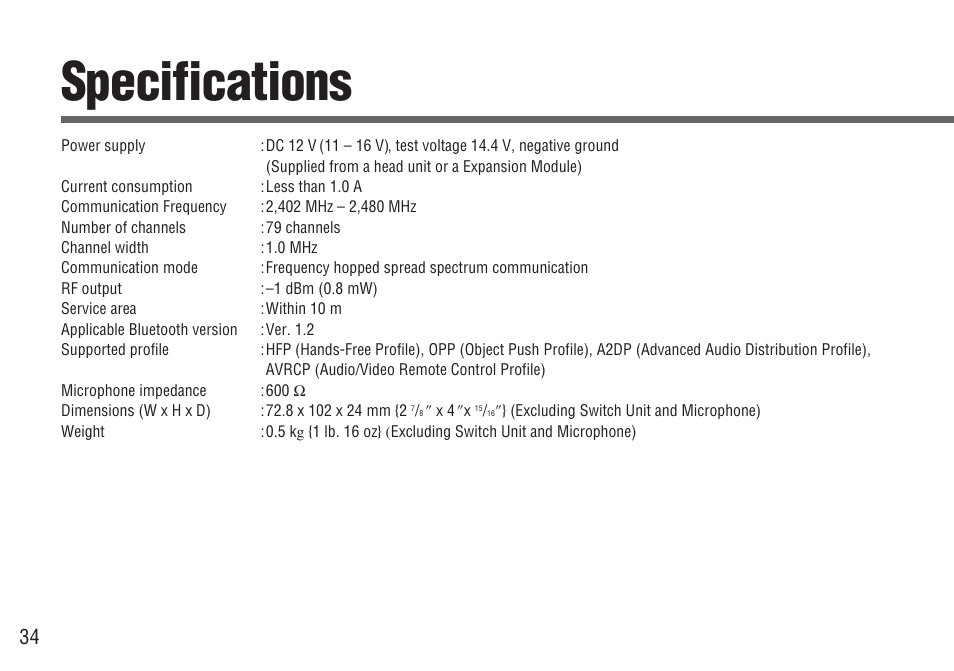 Specifications | Panasonic CY-BT200U User Manual | Page 34 / 36