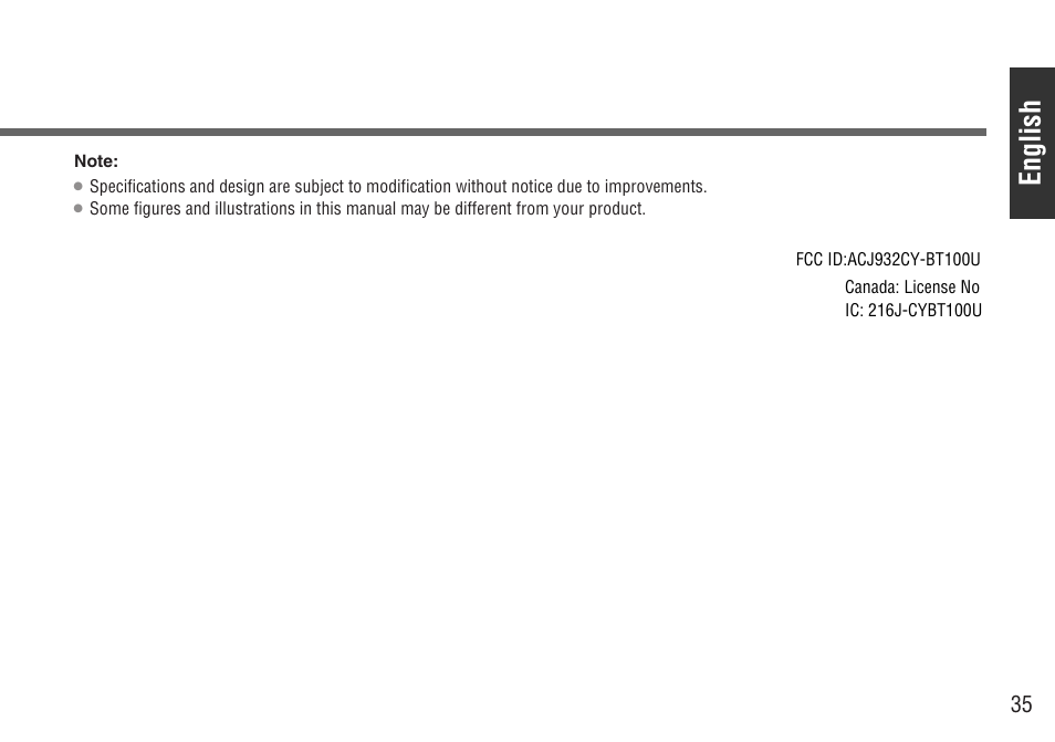 English | Panasonic CY-BT200U User Manual | Page 35 / 36