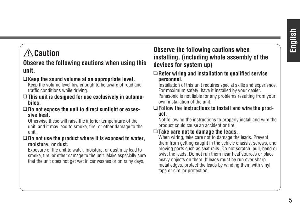 English, Caution | Panasonic CY-BT200U User Manual | Page 5 / 36