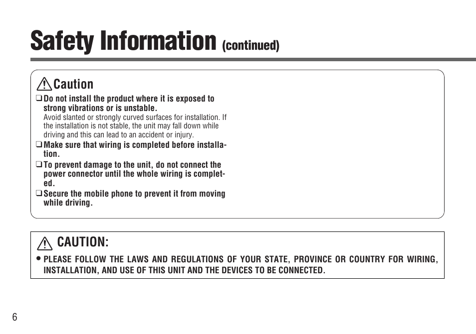 Safety information, Caution, Continued) caution | Panasonic CY-BT200U User Manual | Page 6 / 36