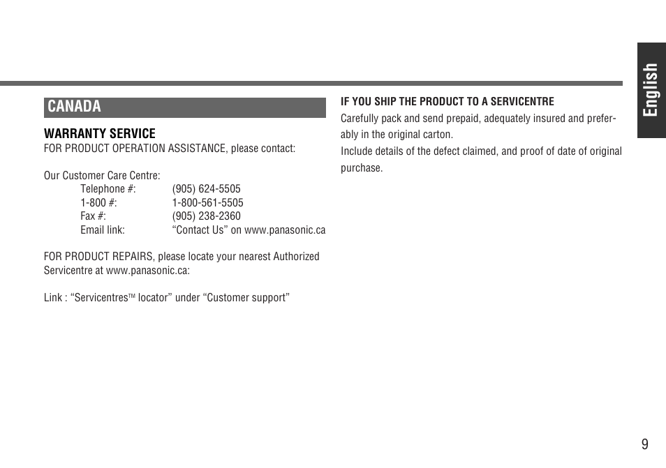 English, Canada | Panasonic CY-BT200U User Manual | Page 9 / 36