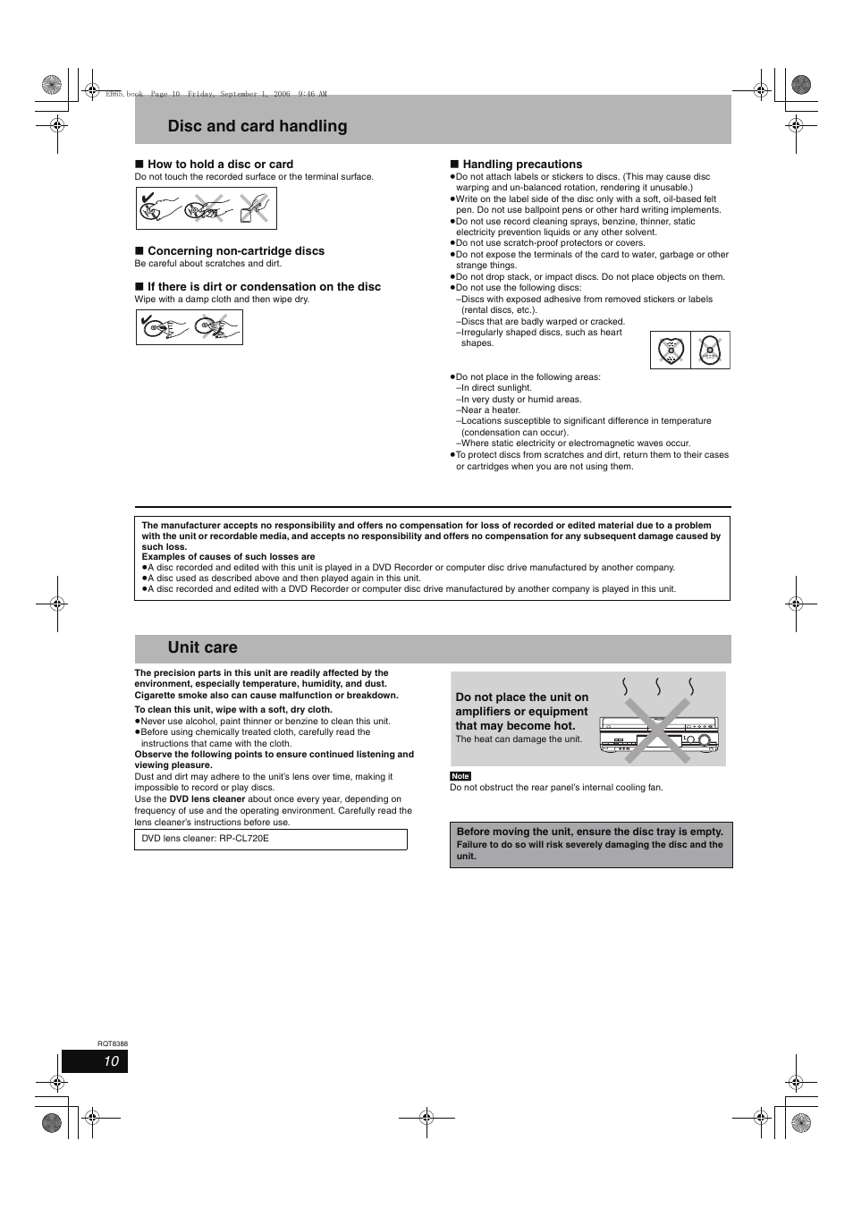 Disc and card handling, Unit care | Panasonic DMR-EX85 User Manual | Page 10 / 80