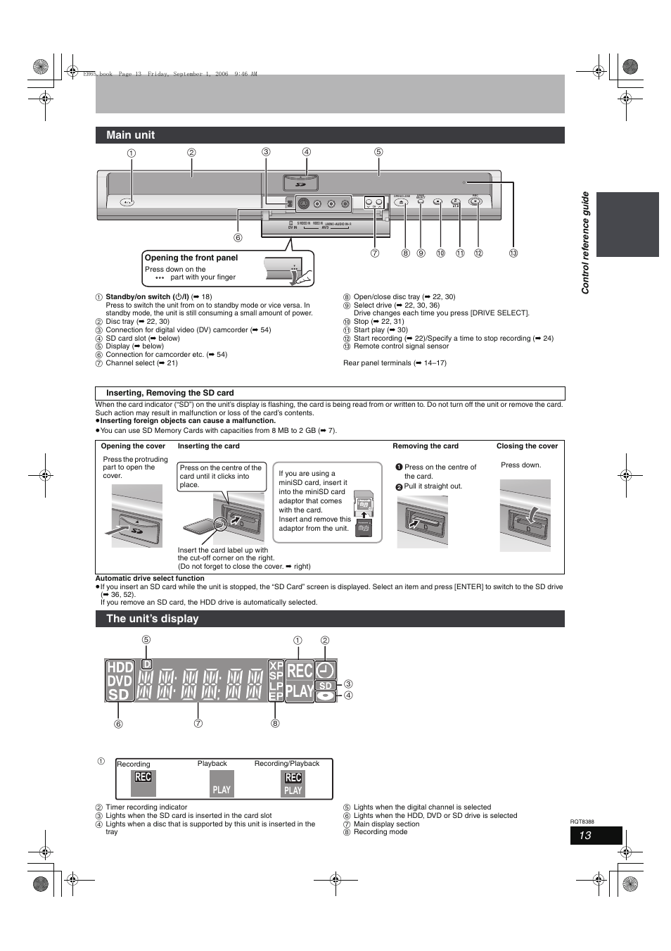 Main unit, The unit’s display, Play | Panasonic DMR-EX85 User Manual | Page 13 / 80