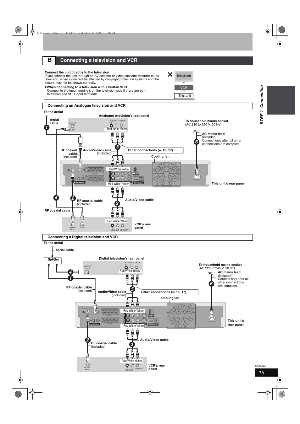 Connecting a television and vcr, Ste p 1 connect ion, Connecting an analogue television and vcr | Connecting a digital television and vcr | Panasonic DMR-EX85 User Manual | Page 15 / 80