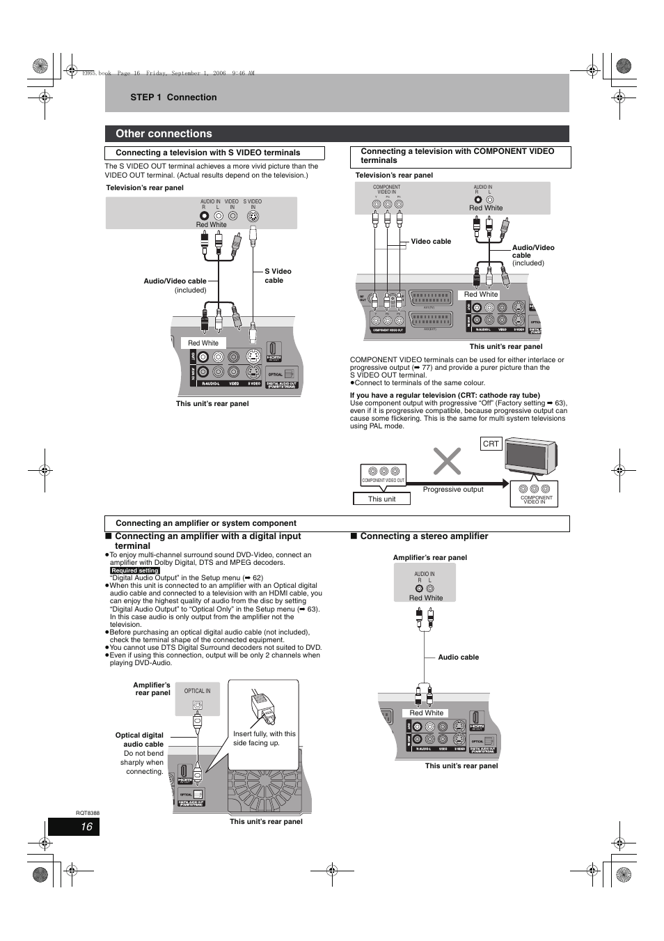 Other connections, Step 1 connection, Connecting a stereo amplifier | Connecting a television with s video terminals, Connecting an amplifier or system component, Red white, This unit progressive output | Panasonic DMR-EX85 User Manual | Page 16 / 80