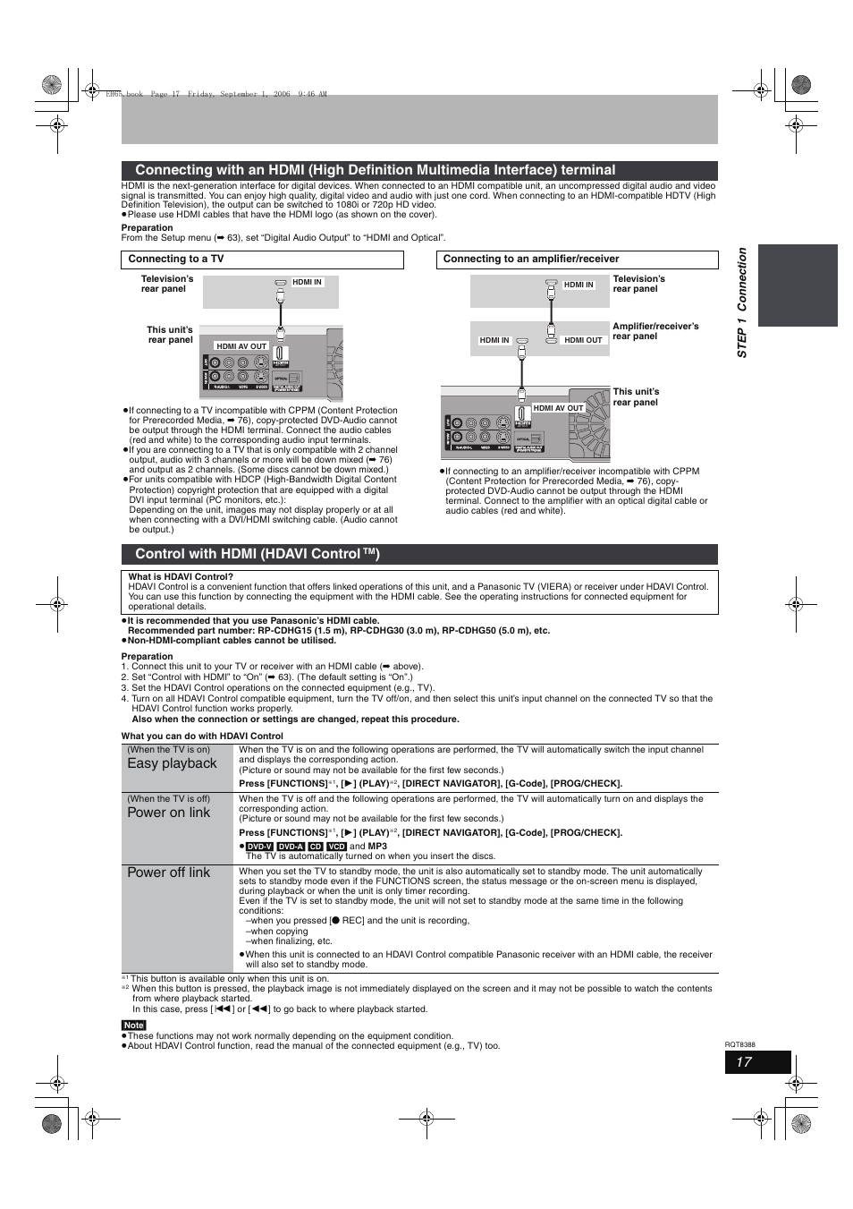 Control with hdmi (hdavi control, Easy playback, Power on link | Power off link, Ste p 1 connect ion | Panasonic DMR-EX85 User Manual | Page 17 / 80