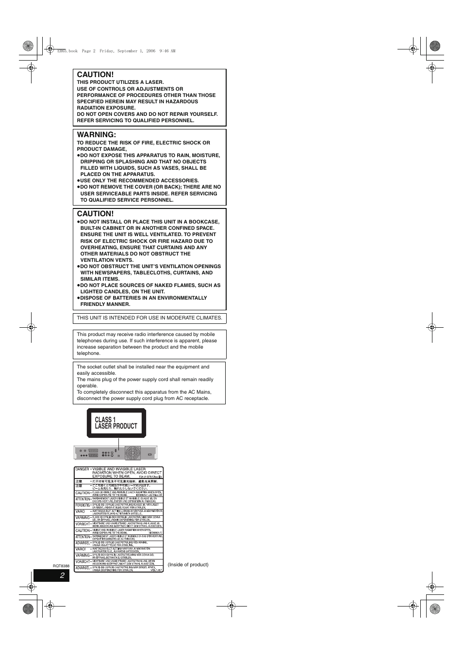 Caution, Warning, Class 1 laser product | Panasonic DMR-EX85 User Manual | Page 2 / 80