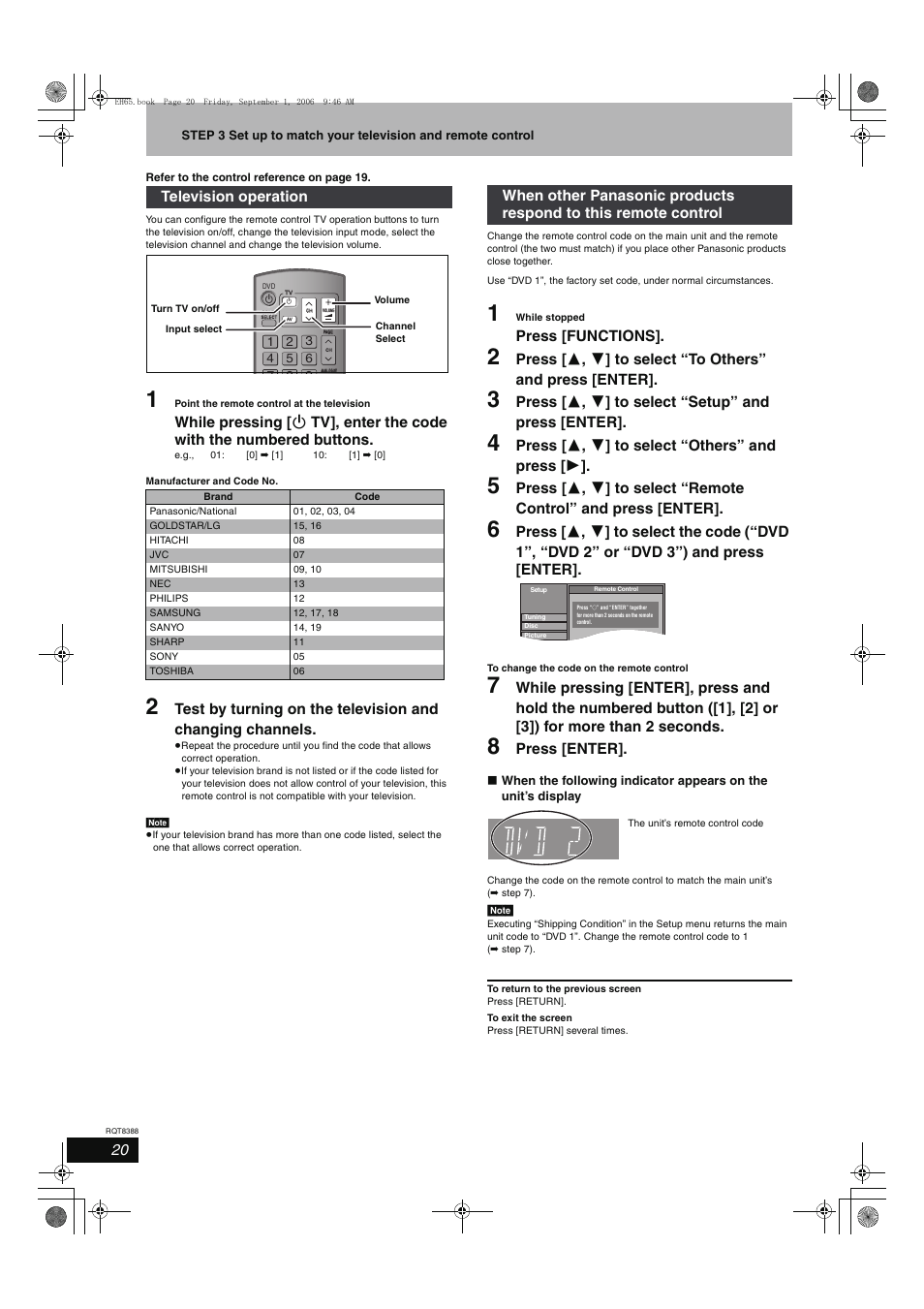 Press [functions, Press [ 3 , 4 ] to select “setup” and press [enter, Press [ 3 , 4 ] to select “others” and press [ 1 | Press [enter, Television operation | Panasonic DMR-EX85 User Manual | Page 20 / 80