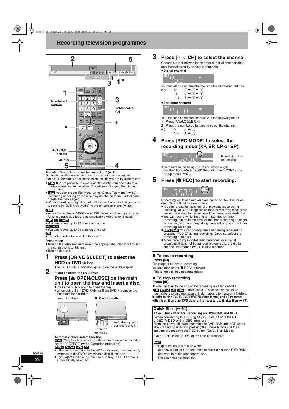 Recording television programmes, Press [ w x ch] to select the channel, Press [ ¥ rec] to start recording | Open/close drive select, Quick start ( ➡ 64) | Panasonic DMR-EX85 User Manual | Page 22 / 80