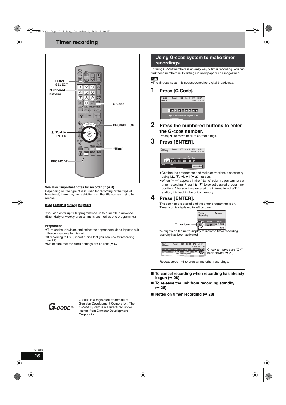 Timer recording, Press [g-code, Press the numbered buttons to enter the g | Number, Press [enter, Using g, System to make timer recordings | Panasonic DMR-EX85 User Manual | Page 26 / 80