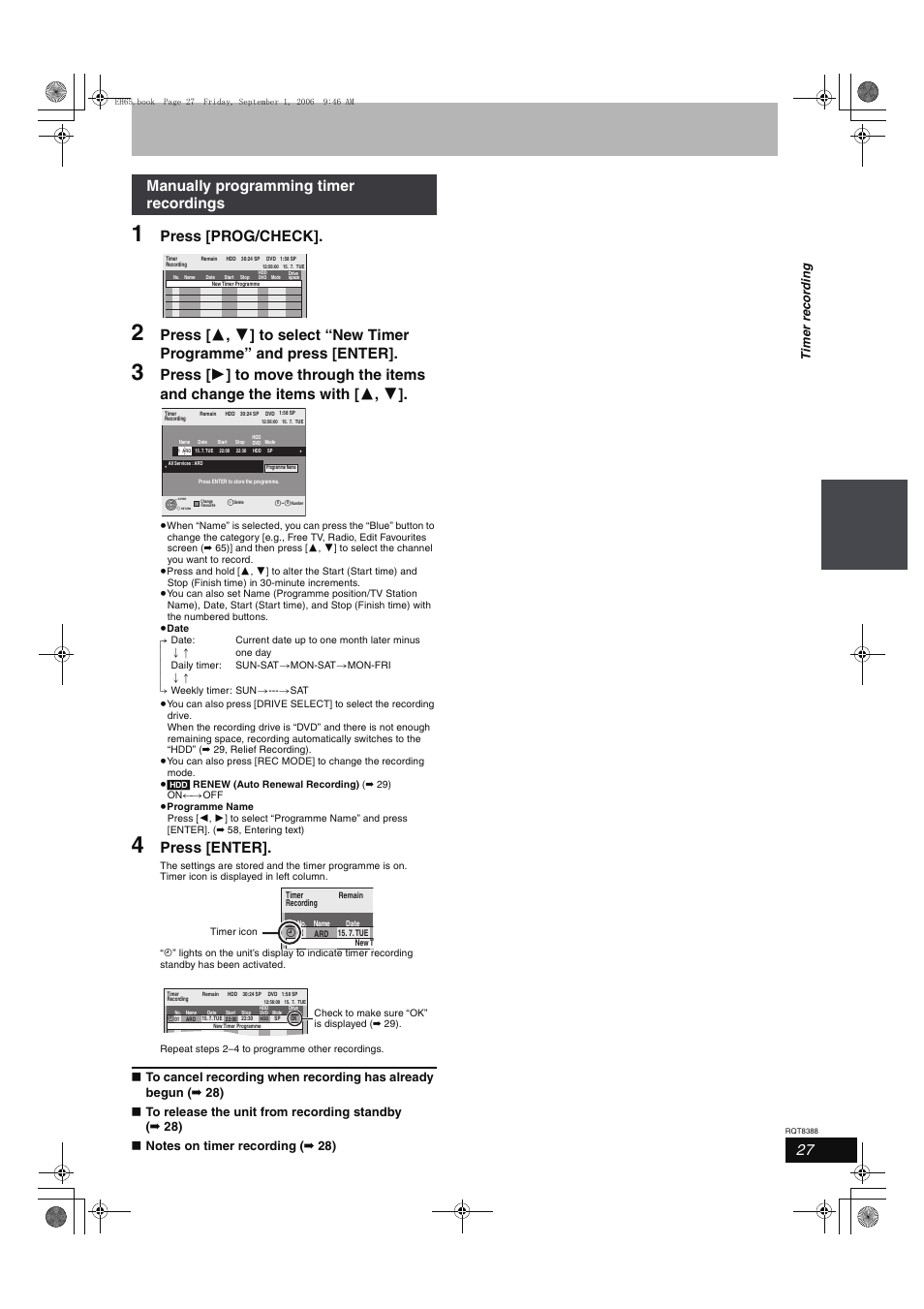 Press [prog/check, Press [enter, Manually programming timer recordings | Tim e r rec o rd in g | Panasonic DMR-EX85 User Manual | Page 27 / 80