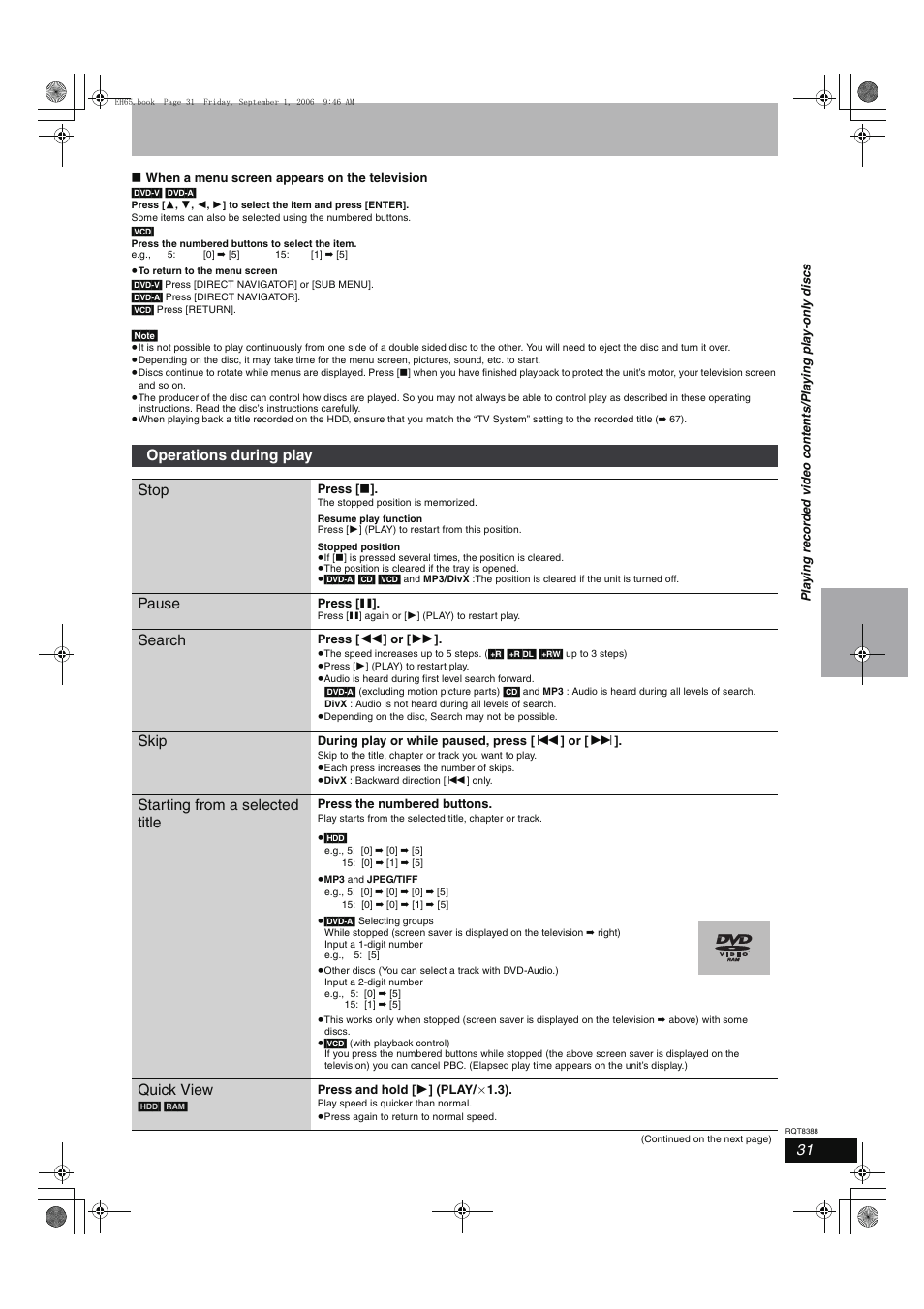 Operations during play stop, Pause, Search | Skip, Starting from a selected title, Quick view | Panasonic DMR-EX85 User Manual | Page 31 / 80