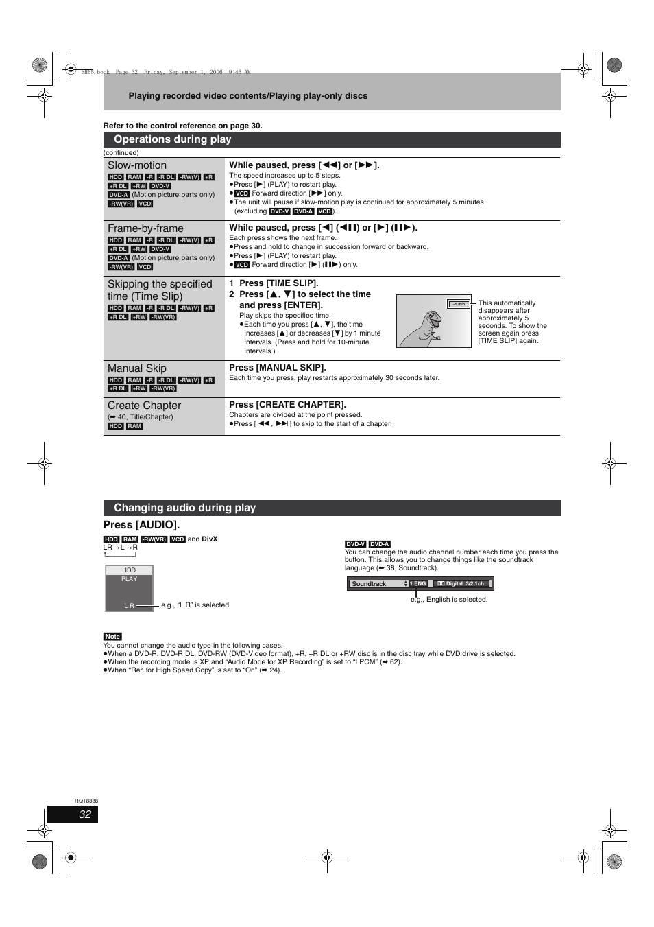 Press [audio, Operations during play slow-motion, Frame-by-frame | Skipping the specified time (time slip), Manual skip, Create chapter, Changing audio during play | Panasonic DMR-EX85 User Manual | Page 32 / 80