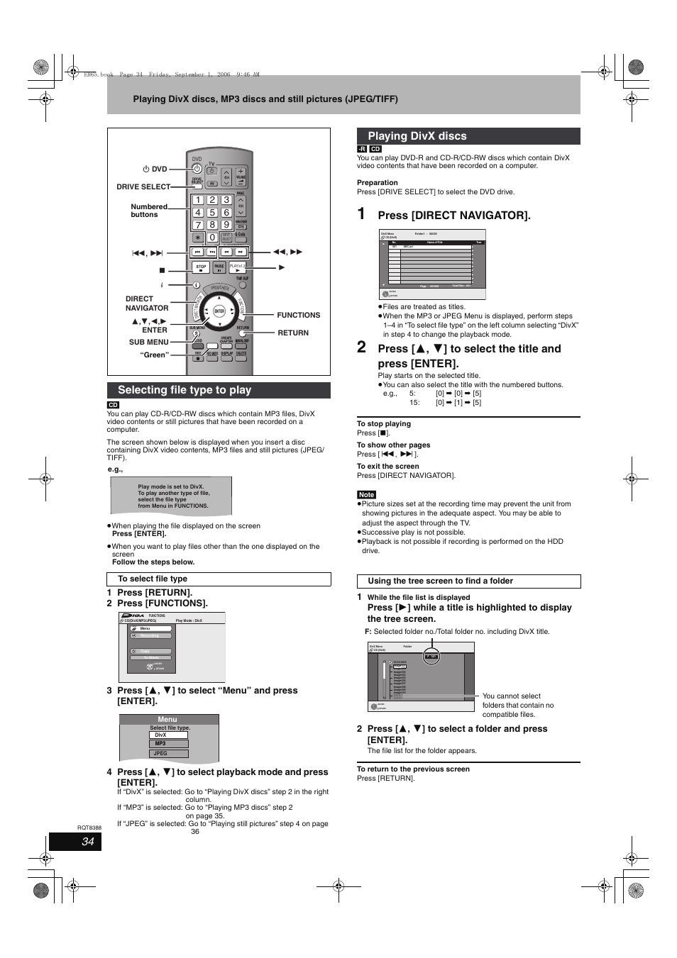 Press [direct navigator, Selecting file type to play, Playing divx discs | Panasonic DMR-EX85 User Manual | Page 34 / 80