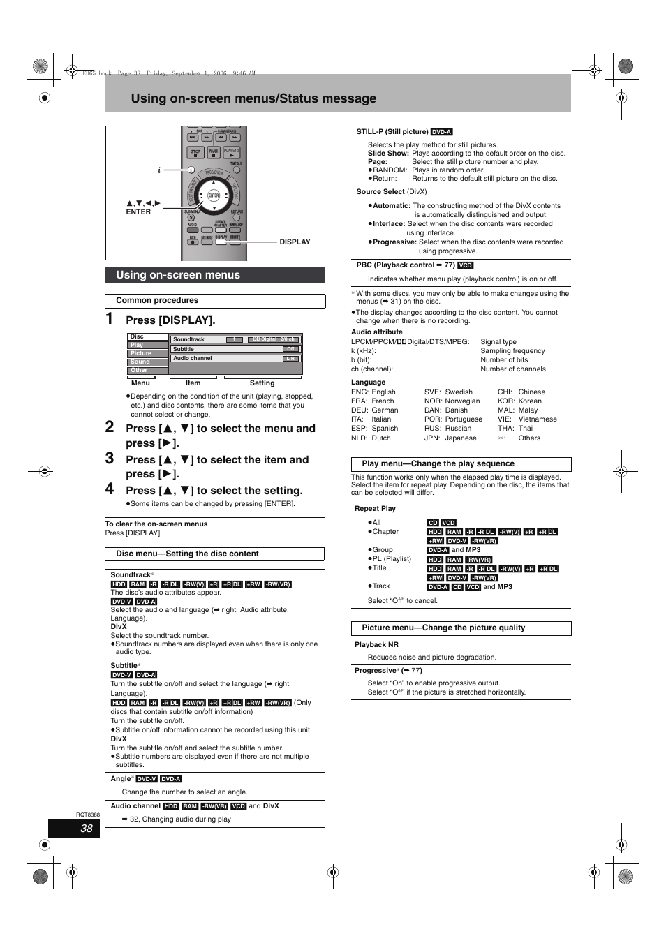 Using on-screen menus/status message, Press [display, Press [ 3 , 4 ] to select the menu and press [ 1 | Press [ 3 , 4 ] to select the item and press [ 1, Press [ 3 , 4 ] to select the setting, Using on-screen menus | Panasonic DMR-EX85 User Manual | Page 38 / 80
