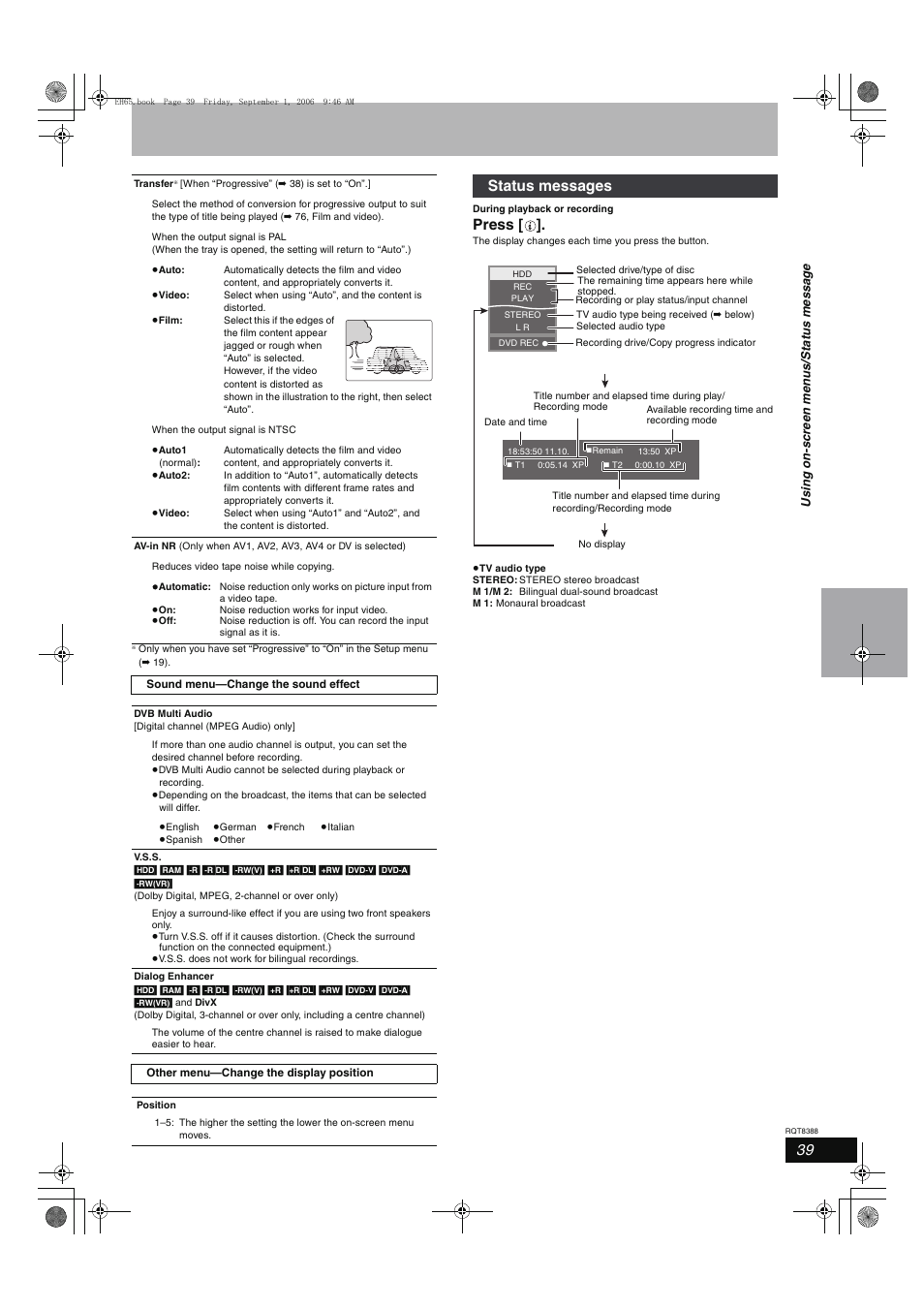 Press, Status messages | Panasonic DMR-EX85 User Manual | Page 39 / 80