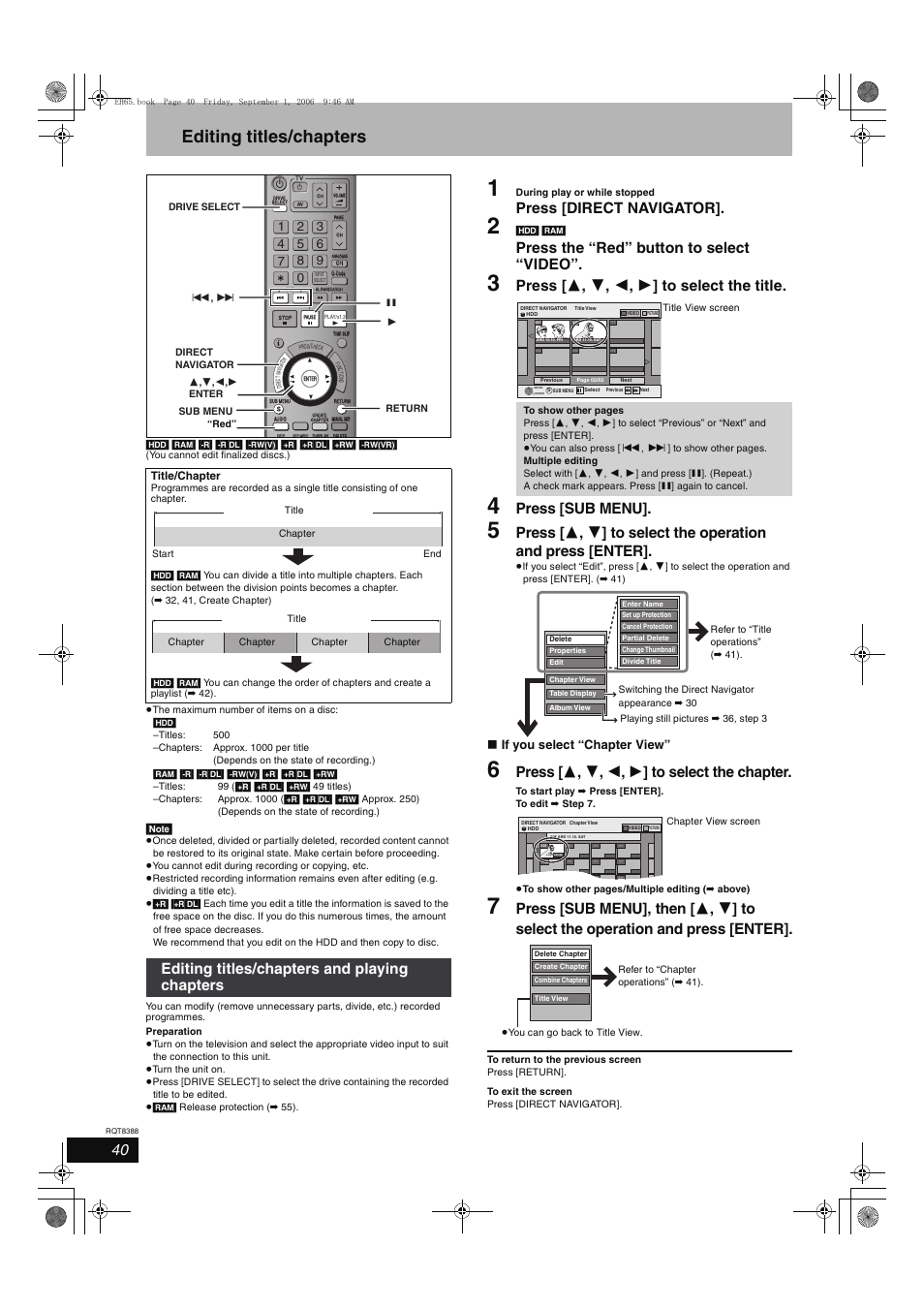 Editing titles/chapters, Press [direct navigator, Press the “red” button to select “video | Press [ 3 , 4 , 2 , 1 ] to select the title, Press [sub menu, Press [ 3 , 4 , 2 , 1 ] to select the chapter, Editing titles/chapters and playing chapters, If you select “chapter view | Panasonic DMR-EX85 User Manual | Page 40 / 80