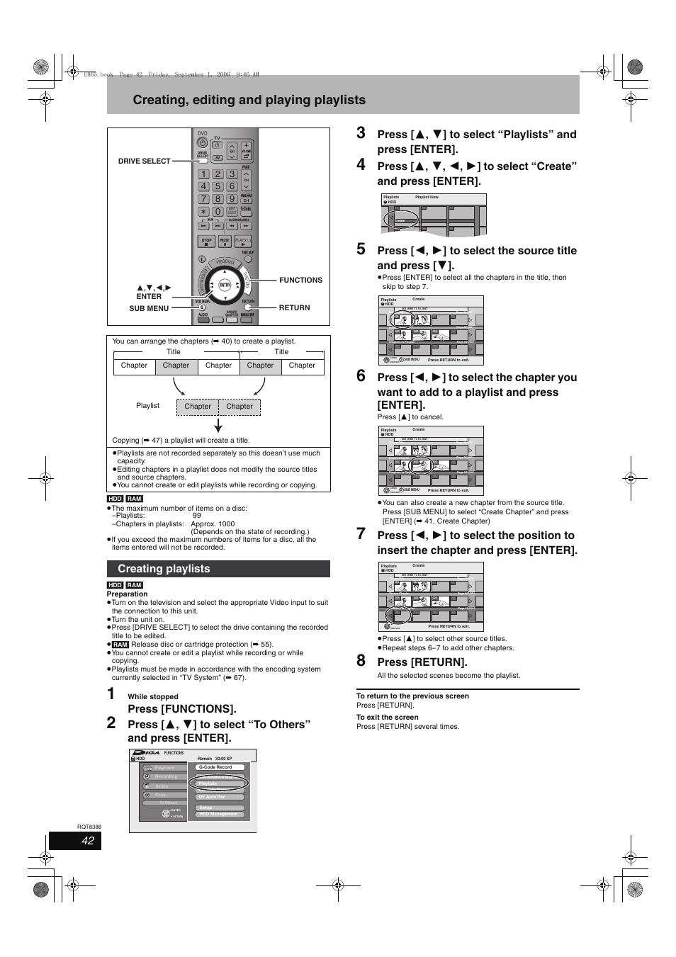 Creating, editing and playing playlists, Press [functions, Press [return | Creating playlists | Panasonic DMR-EX85 User Manual | Page 42 / 80