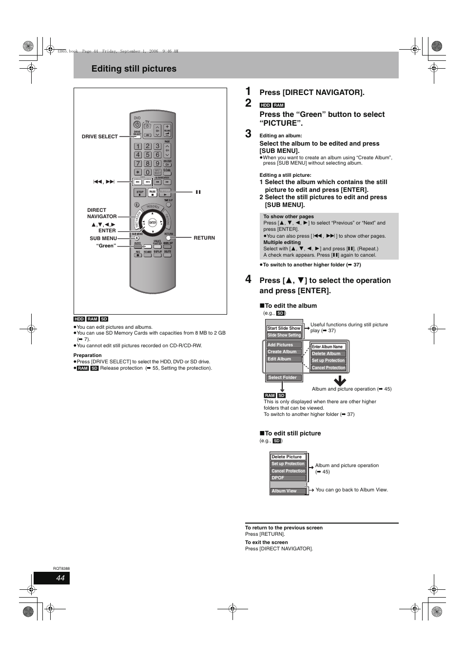 Editing still pictures, Press [direct navigator, Press the “green” button to select “picture | Select the album to be edited and press [sub menu | Panasonic DMR-EX85 User Manual | Page 44 / 80
