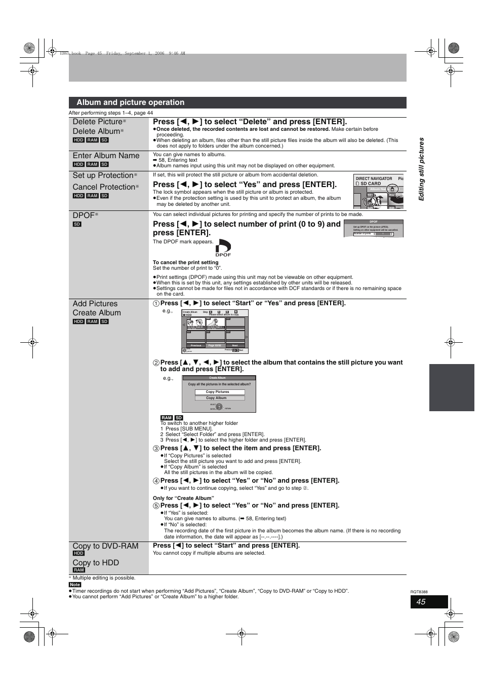 Album and picture operation delete picture, Delete album, Enter album name | Set up protection, Cancel protection, Press [ 2 , 1 ] to select “yes” and press [enter, Dpof, Add pictures create album, Copy to dvd-ram, Copy to hdd | Panasonic DMR-EX85 User Manual | Page 45 / 80
