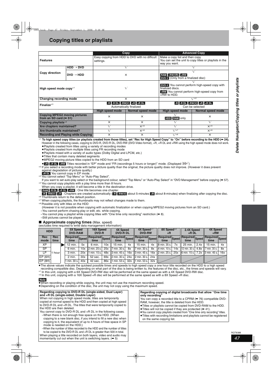 Copying titles or playlists | Panasonic DMR-EX85 User Manual | Page 47 / 80