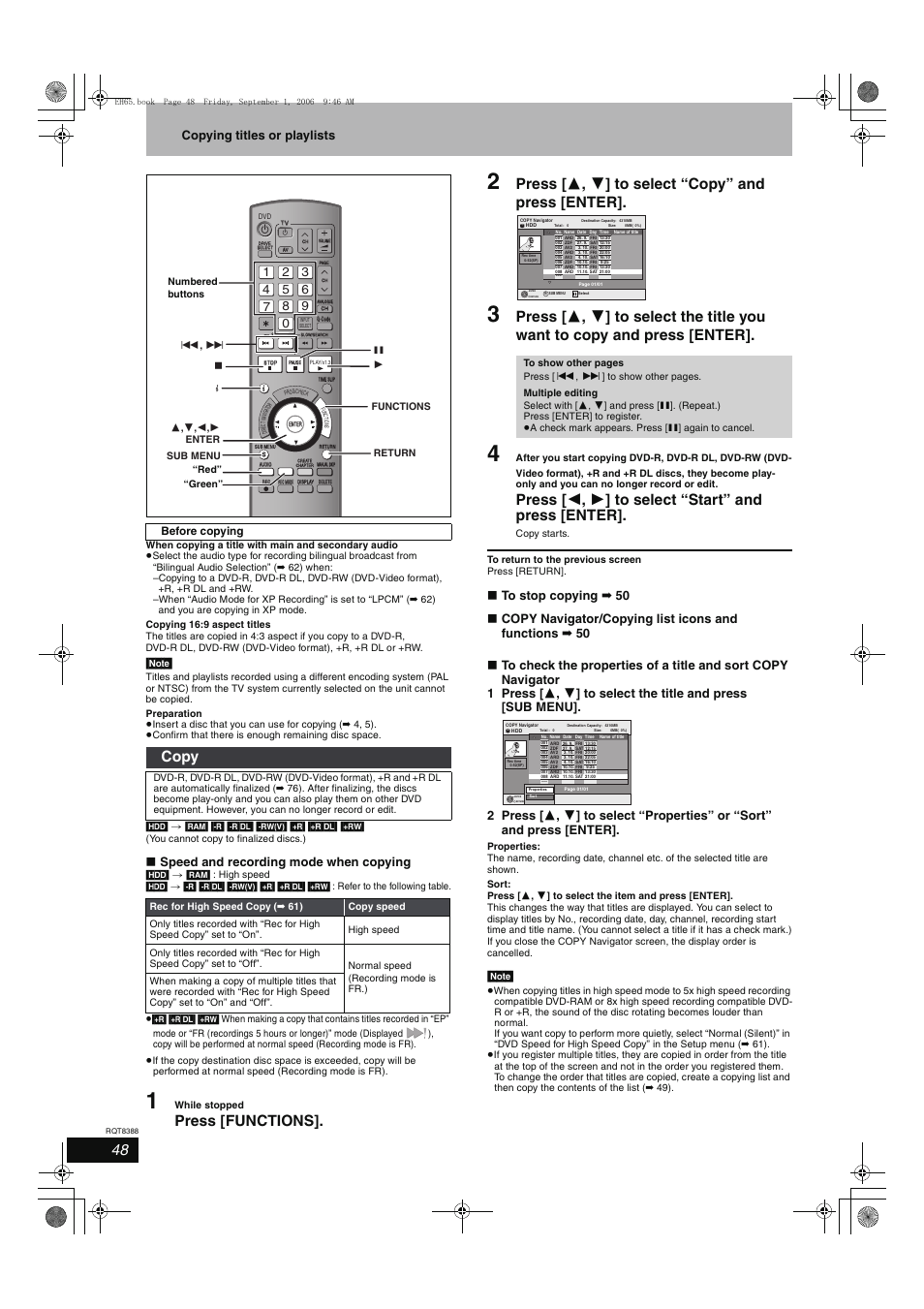 Press [functions, Press [ 3 , 4 ] to select “copy” and press [enter, Press [ 2 , 1 ] to select “start” and press [enter | Copy, Copying titles or playlists, Speed and recording mode when copying | Panasonic DMR-EX85 User Manual | Page 48 / 80