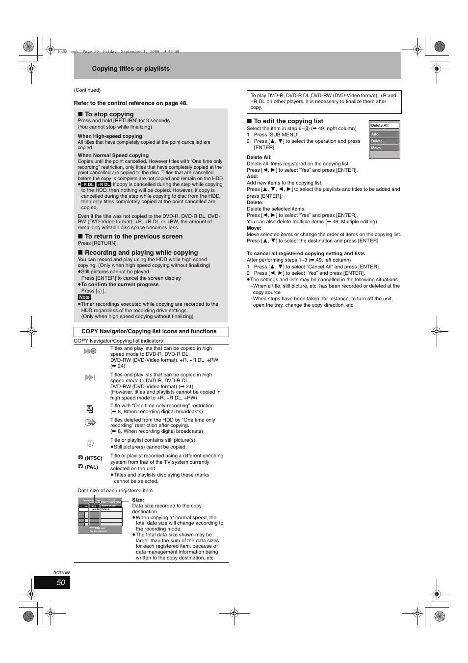 Copying titles or playlists, Recording and playing while copying | Panasonic DMR-EX85 User Manual | Page 50 / 80