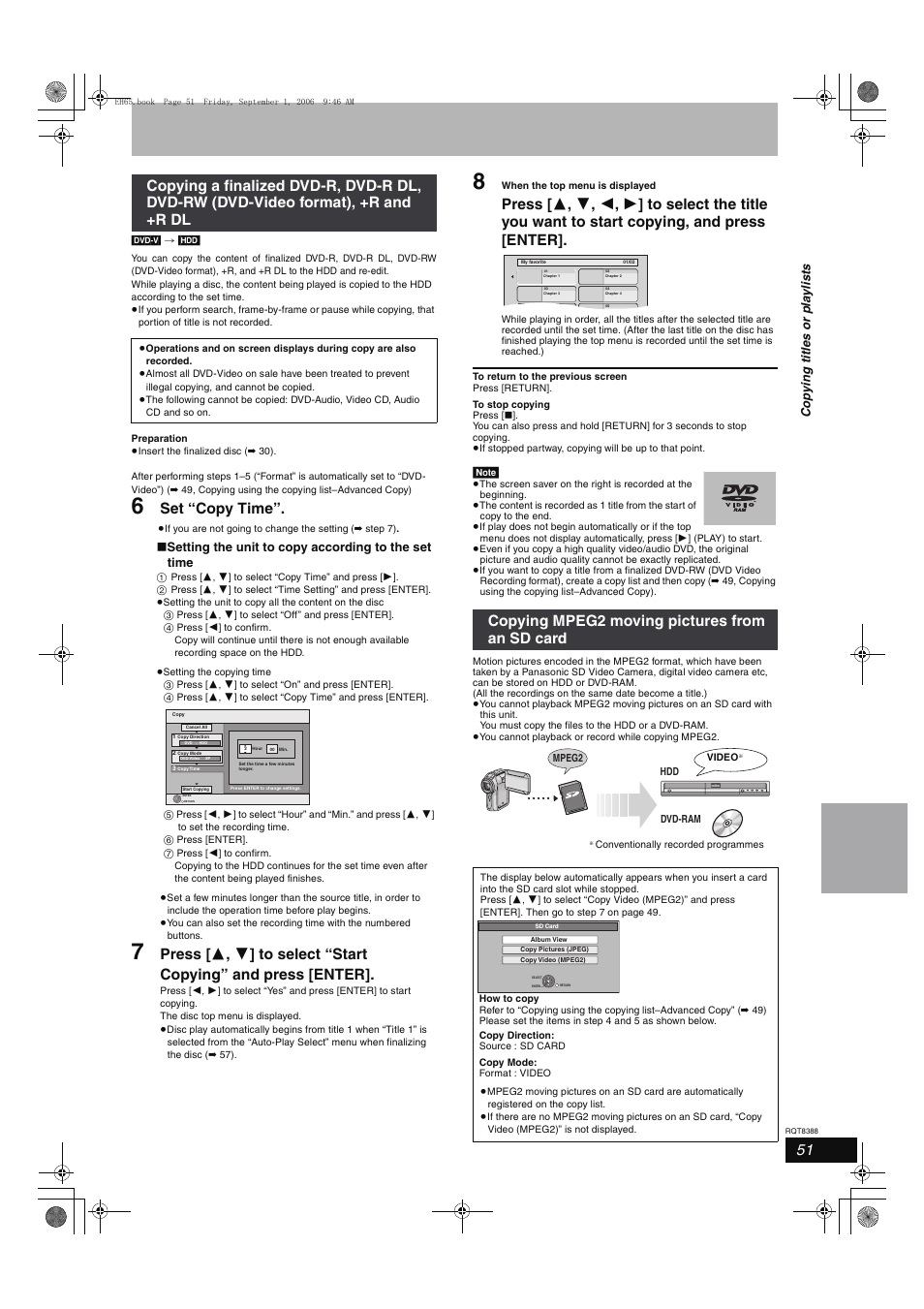 Set “copy time, Copying mpeg2 moving pictures from an sd card, Setting the unit to copy according to the set time | Cop y ing title s or pla y li s ts | Panasonic DMR-EX85 User Manual | Page 51 / 80