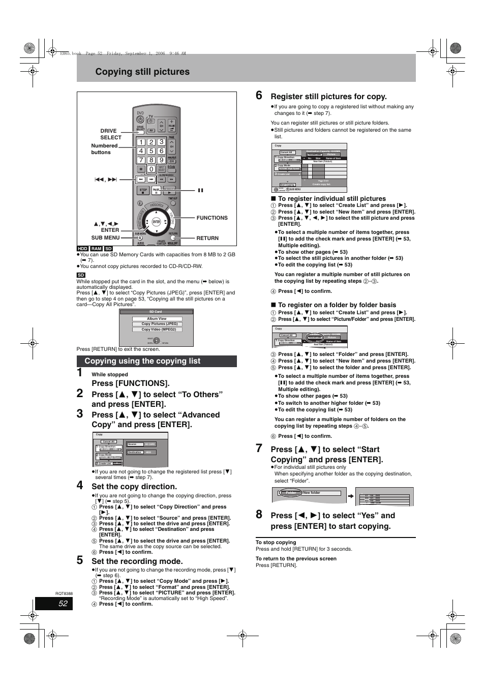 Copying still pictures, Press [functions, Set the copy direction | Set the recording mode, Register still pictures for copy, Copying using the copying list | Panasonic DMR-EX85 User Manual | Page 52 / 80