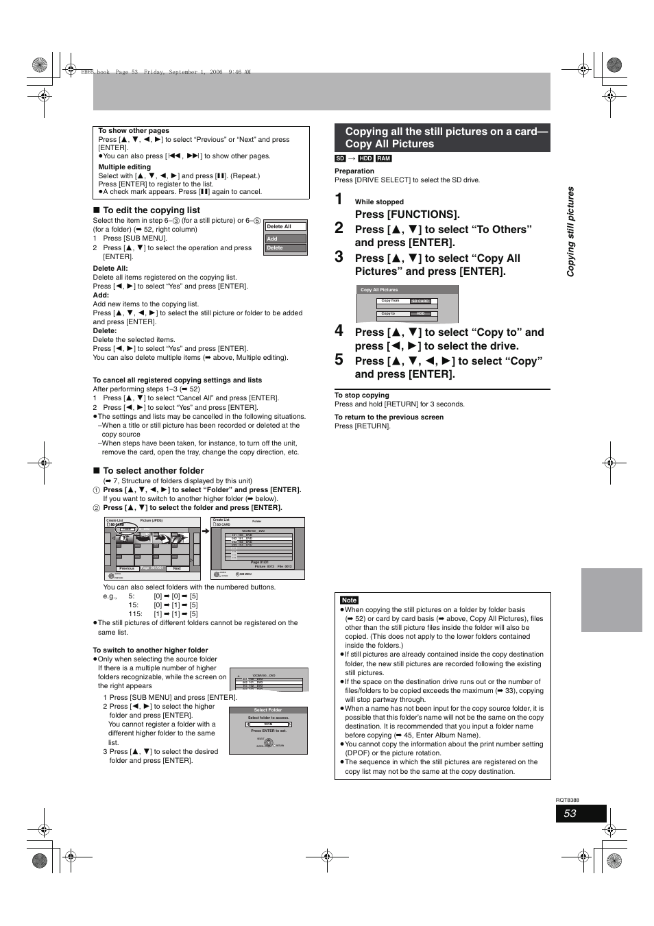 Press [functions, Cop y ing s ti ll pic tur e s | Panasonic DMR-EX85 User Manual | Page 53 / 80