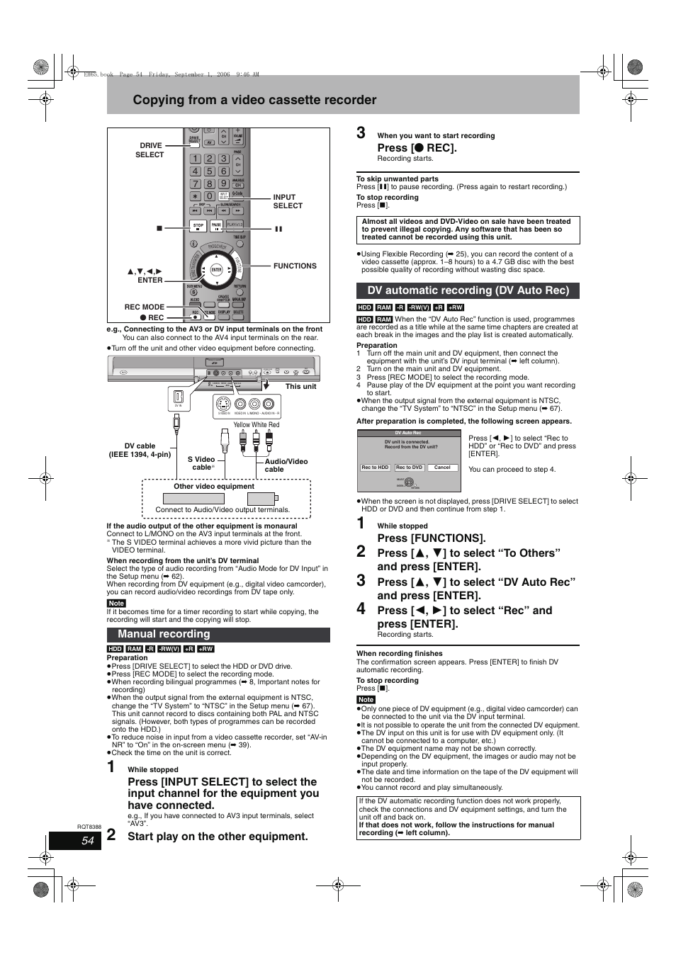 Copying from a video cassette recorder, Start play on the other equipment, Press [ ¥ rec | Press [functions, Press [ 2 , 1 ] to select “rec” and press [enter, Manual recording, Dv automatic recording (dv auto rec), Open/close drive select | Panasonic DMR-EX85 User Manual | Page 54 / 80