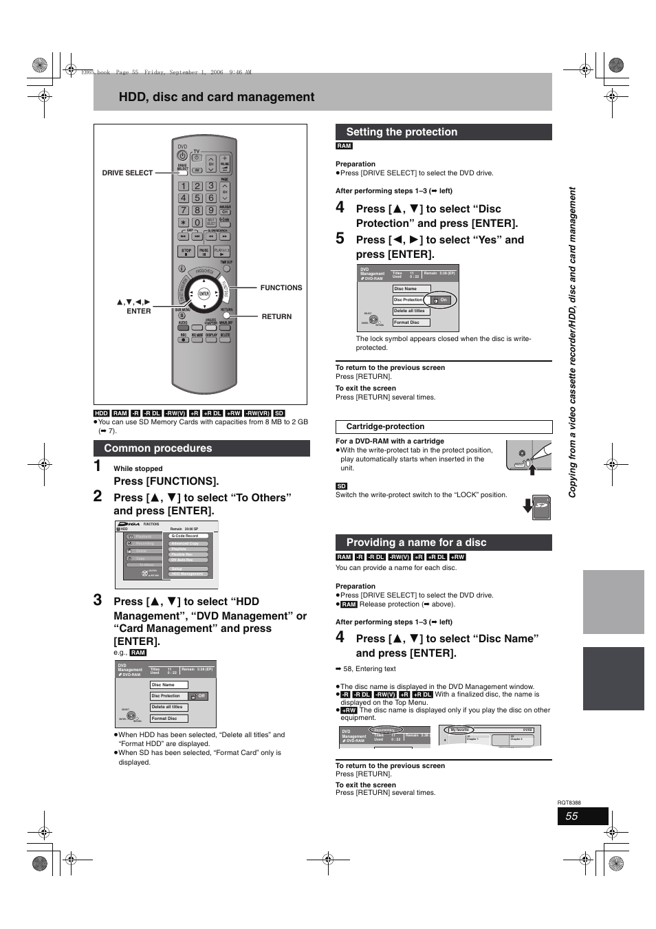 Hdd, disc and card management, Press [functions, Press [ 2 , 1 ] to select “yes” and press [enter | Common procedures, Setting the protection, Providing a name for a disc, Lock | Panasonic DMR-EX85 User Manual | Page 55 / 80