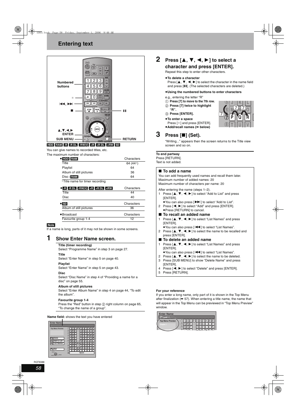 Entering text, Show enter name screen, Press [ ∫ ] (set) | Panasonic DMR-EX85 User Manual | Page 58 / 80