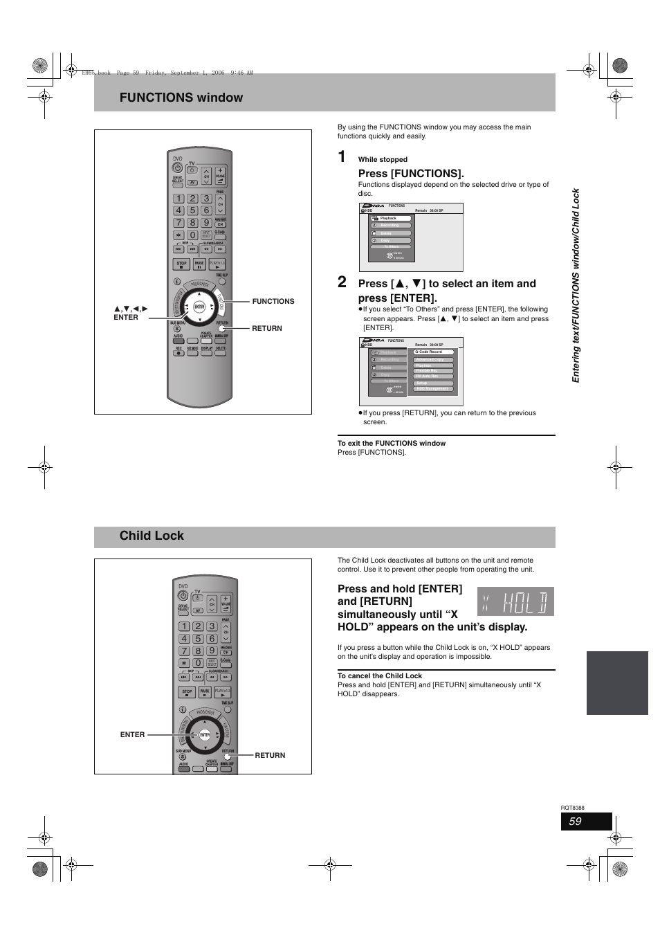 Functions window, Child lock, Press [functions | Press [ 3 , 4 ] to select an item and press [enter | Panasonic DMR-EX85 User Manual | Page 59 / 80