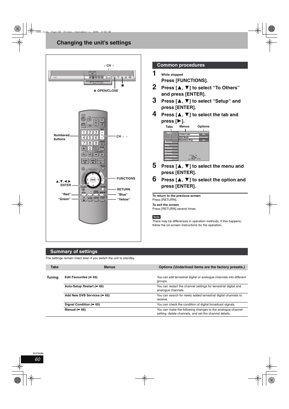 Changing the unit’s settings, Press [functions, Press [ 3 , 4 ] to select “setup” and press [enter | Press [ 3 , 4 ] to select the tab and press [ 1, Common procedures, Summary of settings, Open/close drive select | Panasonic DMR-EX85 User Manual | Page 60 / 80