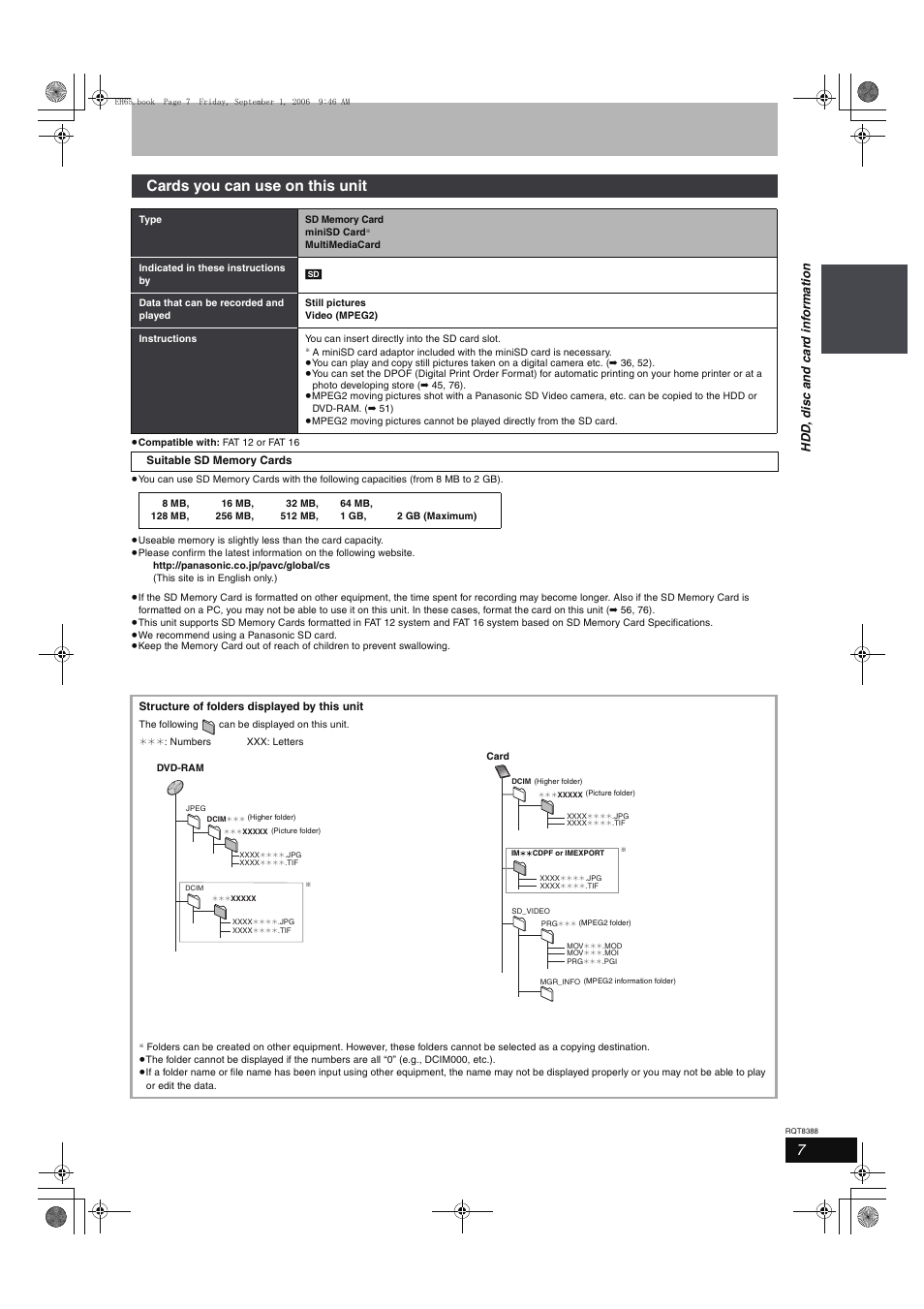 Cards you can use on this unit, Hdd , dis c and c a rd inf o rmat ion | Panasonic DMR-EX85 User Manual | Page 7 / 80