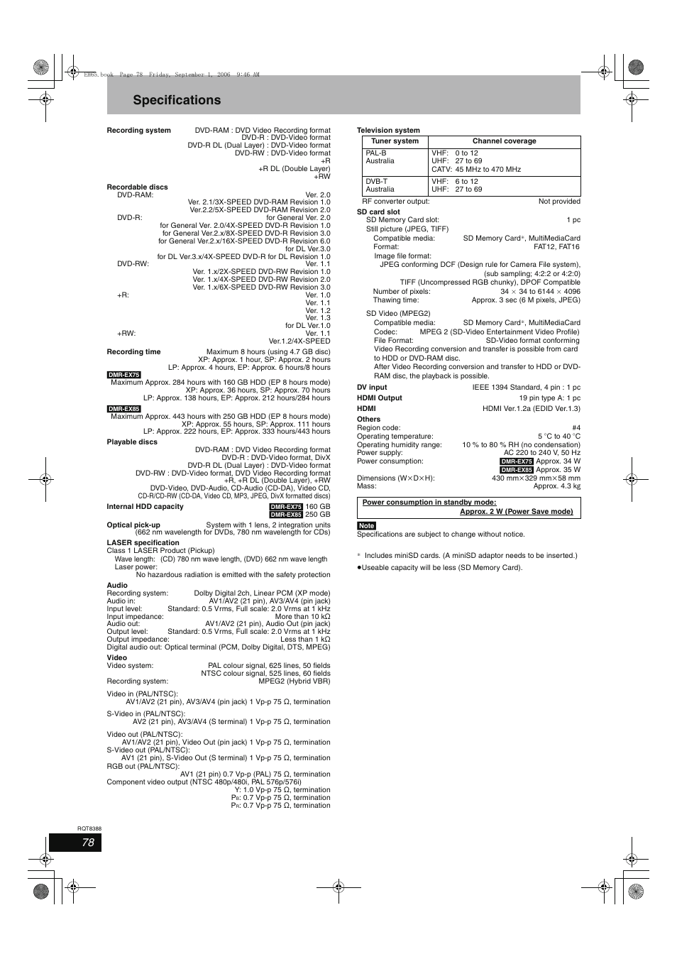 Specifications | Panasonic DMR-EX85 User Manual | Page 78 / 80