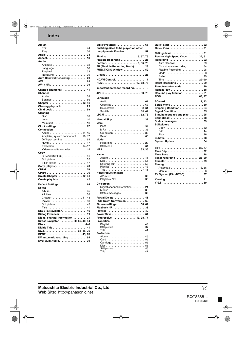 Index | Panasonic DMR-EX85 User Manual | Page 80 / 80