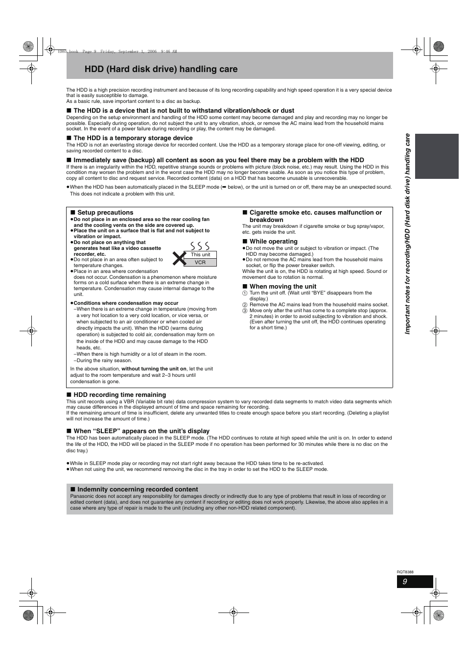 Hdd (hard disk drive) handling care | Panasonic DMR-EX85 User Manual | Page 9 / 80