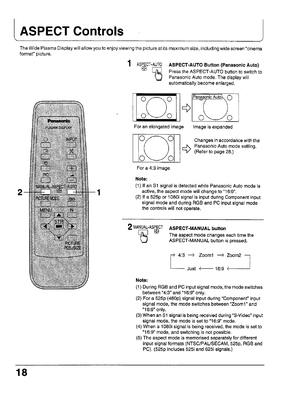 Aspect-auto button (panasonic auto), Note, Aspect-manual button | Aspect controls | Panasonic TC 42P1F User Manual | Page 18 / 32