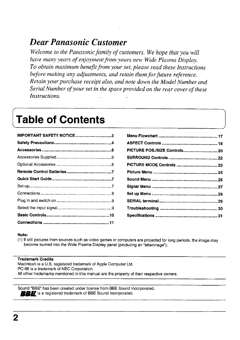 Dear panasonic customer | Panasonic TC 42P1F User Manual | Page 2 / 32