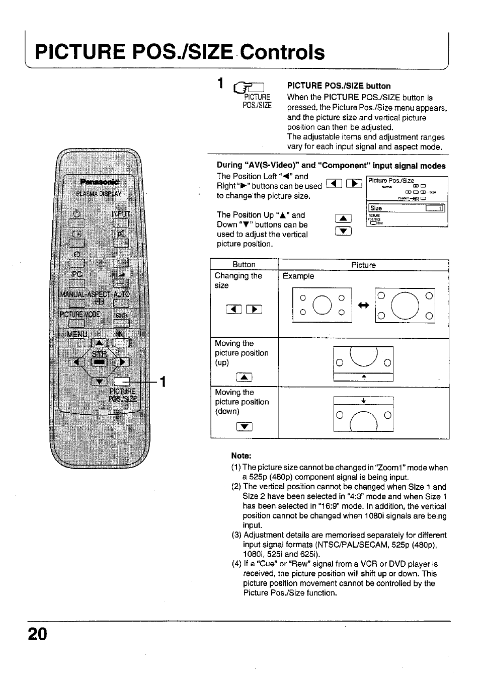 Picture p0s./s1ze button, Component*’ input signai modes, Note | Picture pos./size controls | Panasonic TC 42P1F User Manual | Page 20 / 32