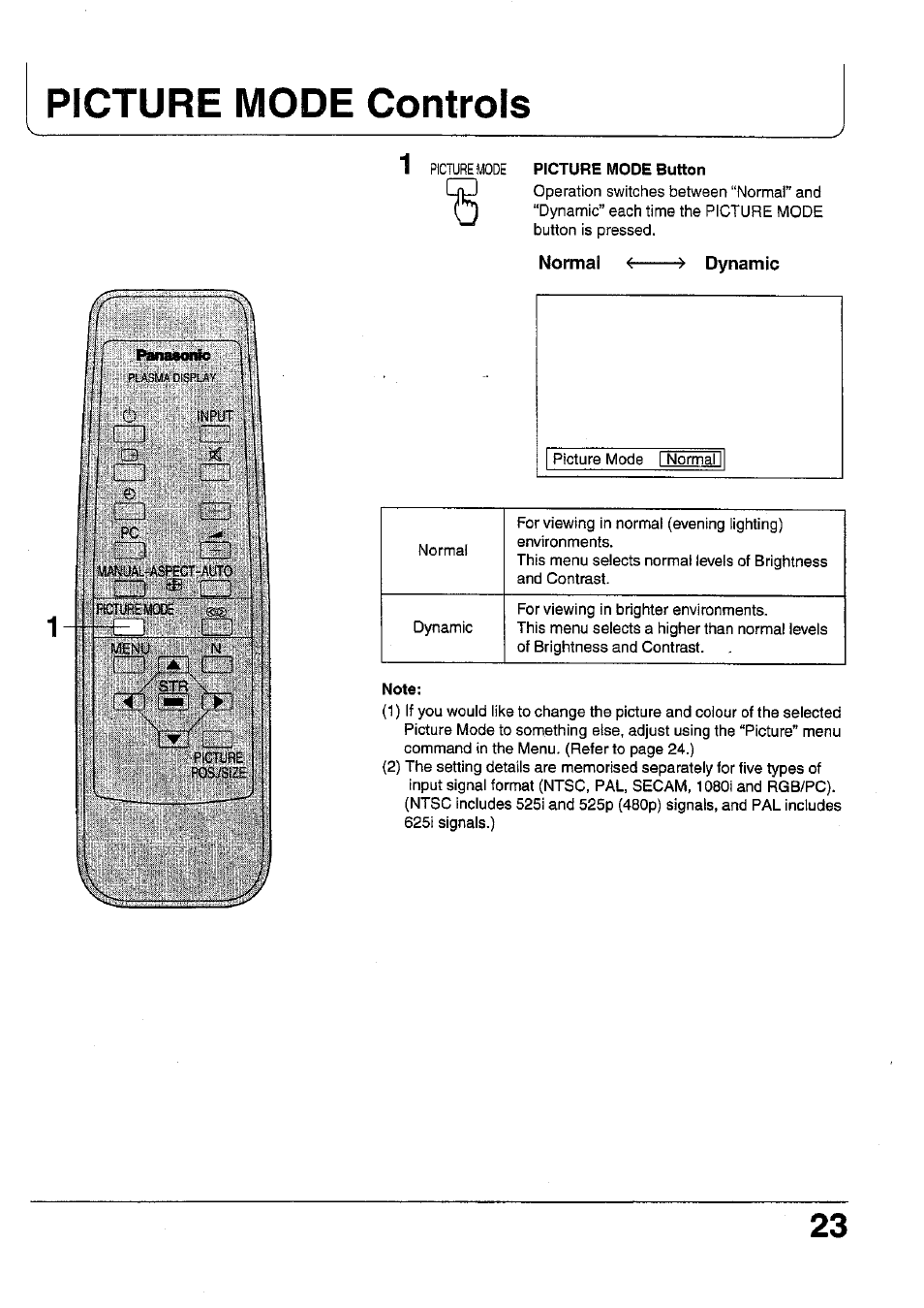 Picture mode button, Normal, Dynamic | Note, Picture mode controls | Panasonic TC 42P1F User Manual | Page 23 / 32