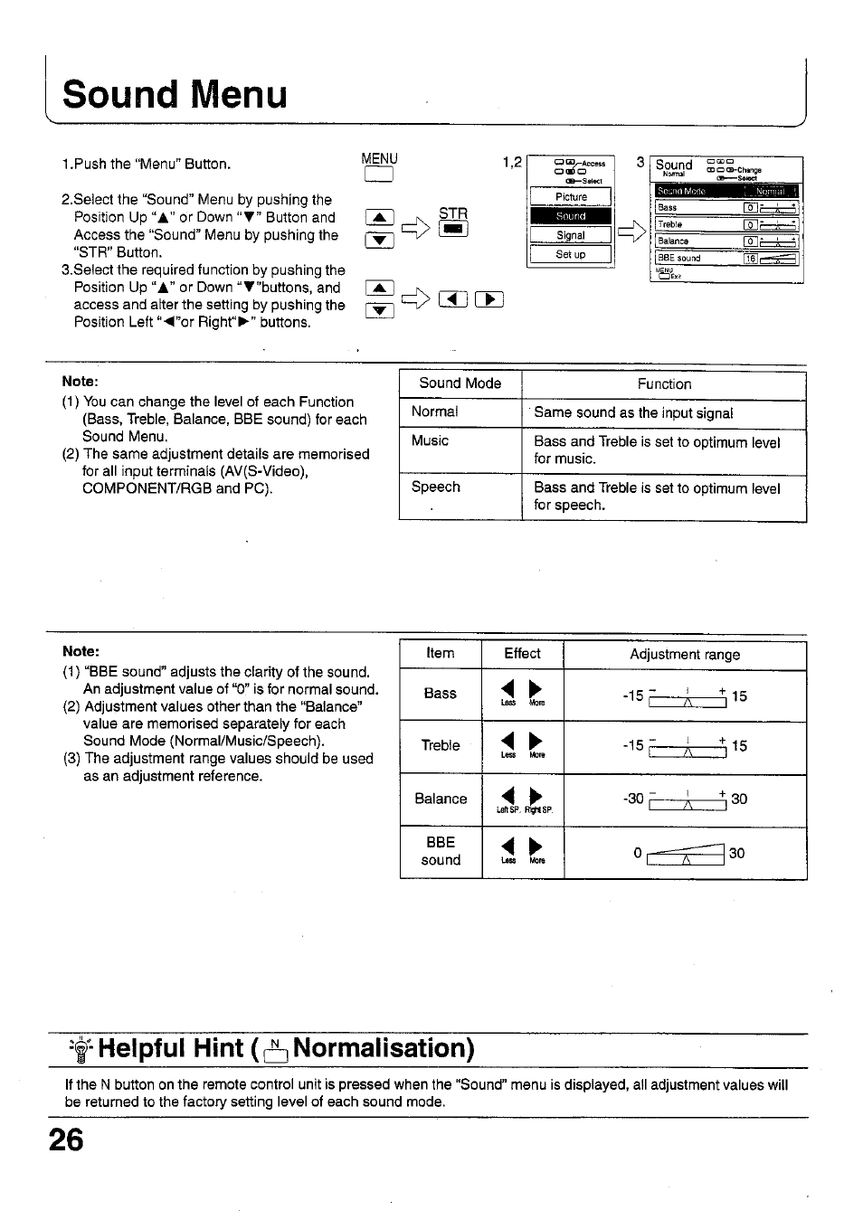 Sound menu, Helpful hint (c^ normalisation), Cid œ | 1 5 f — l i s | Panasonic TC 42P1F User Manual | Page 26 / 32