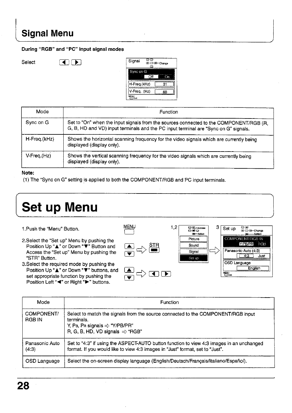 Signal menu, During “rgb” and “pc” input signal modes, I ^ i i ► i | Panasonic TC 42P1F User Manual | Page 28 / 32