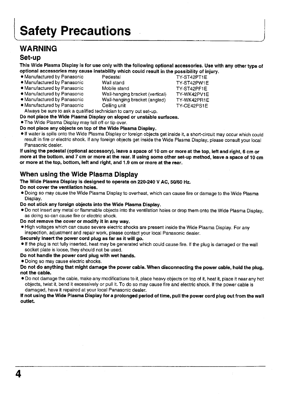 Safety precautions, Warning, When using the wide plasma display | Set-up | Panasonic TC 42P1F User Manual | Page 4 / 32