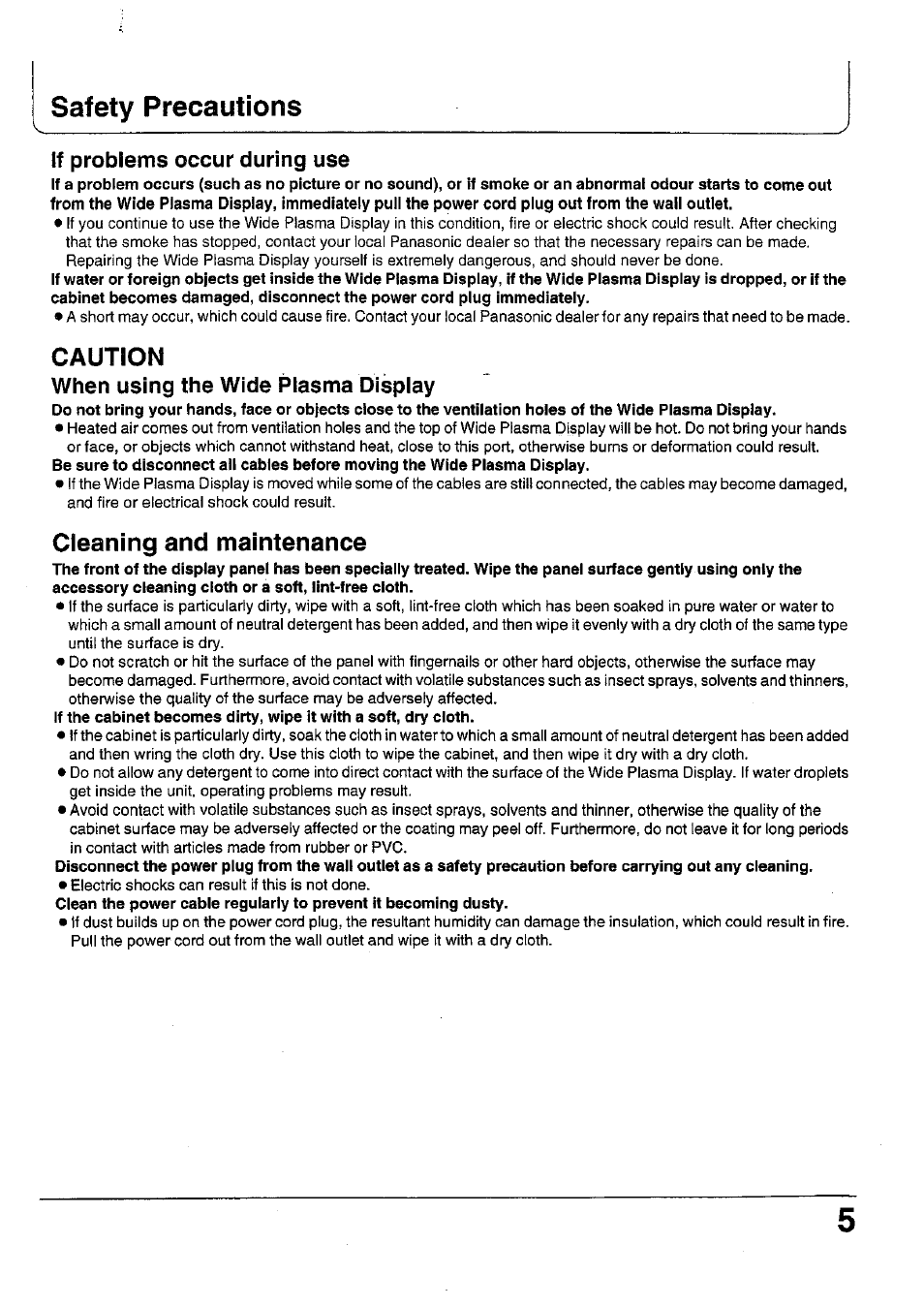 Safety precautions, Caution, Cleaning and maintenance | If problems occur during use, When using the wide piasma dispiay | Panasonic TC 42P1F User Manual | Page 5 / 32
