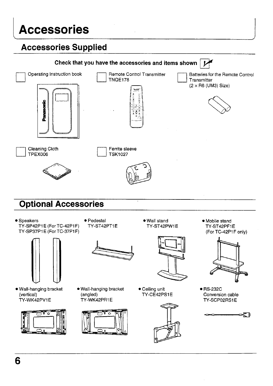Accessories, Accessories supplied, Optional accessories | Panasonic TC 42P1F User Manual | Page 6 / 32