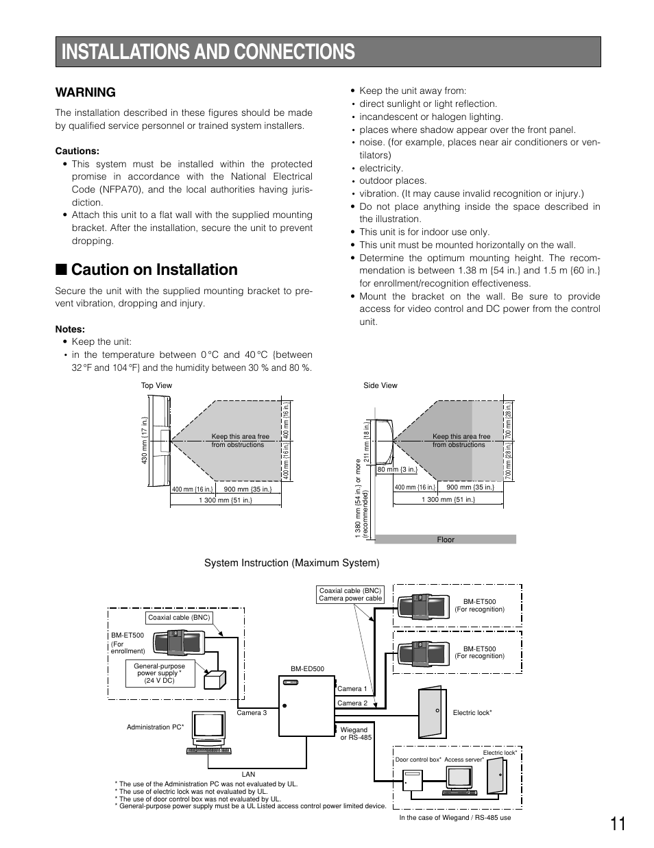 Installations and connections, Caution on installation, Warning | Panasonic BM-ET500 User Manual | Page 11 / 24